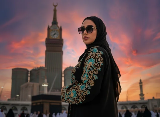 Saudi Woman at Makkah Clock Tower during Sunset Saudi Woman at Makkah Clock Tower during Sunset