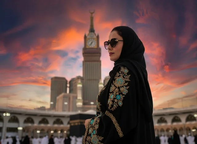 A Saudi woman in front of the Makkah Clock Tower at sunset.