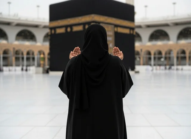 Muslim Woman Praying at Holy Kaaba Makkah Grand Mosque