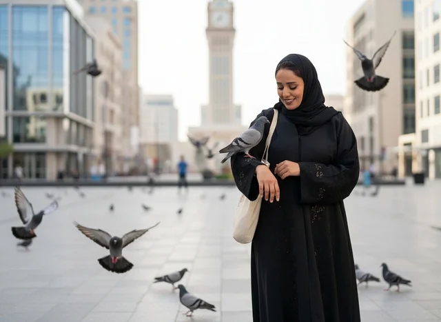 امرأة إماراتية بالعباءة تطعم الحمام في دبي