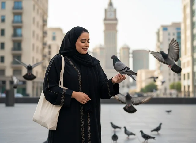 Emirati Woman in Abaya Feeding Pigeons in Dubai