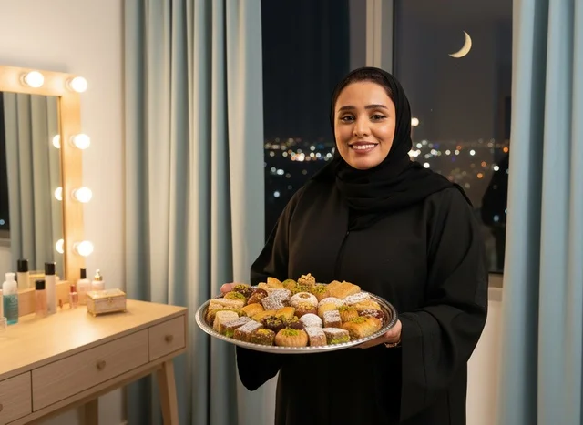 امرأة سعودية بالعباءة تحمل حلويات عربية في الليل