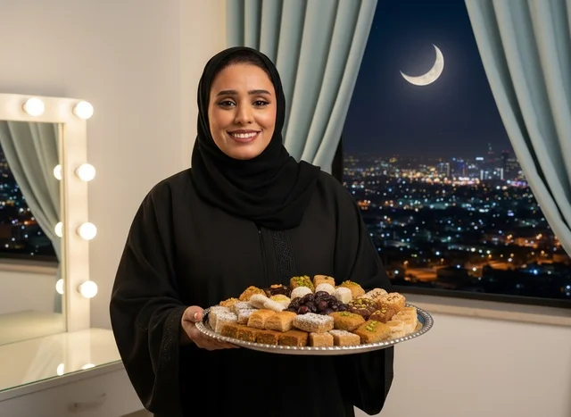 امرأة إماراتية تحمل حلويات عربية في الليل