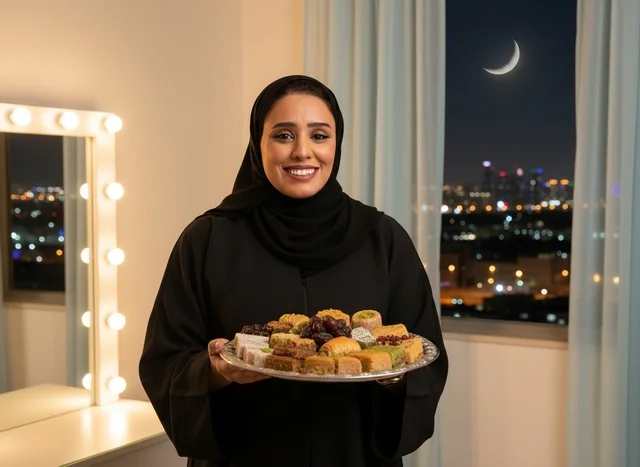 امرأة سعودية مع حلويات عربية وهلال في الليل