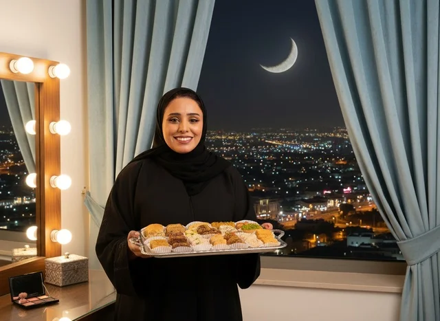 Saudi Woman Holding Sweets with Crescent Moon View
