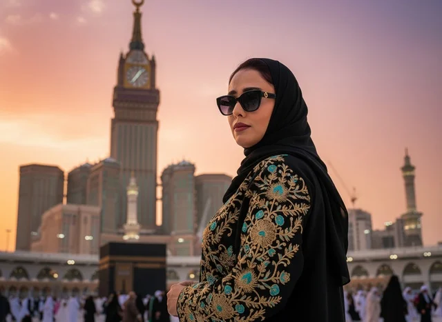 امرأة سعودية في الحرم المكي وقت الغروب