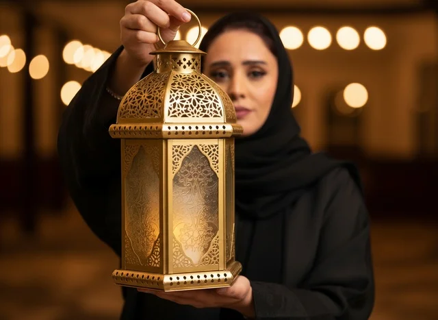 امرأة عربية تمسك فانوس رمضان الذهبي التقليدي