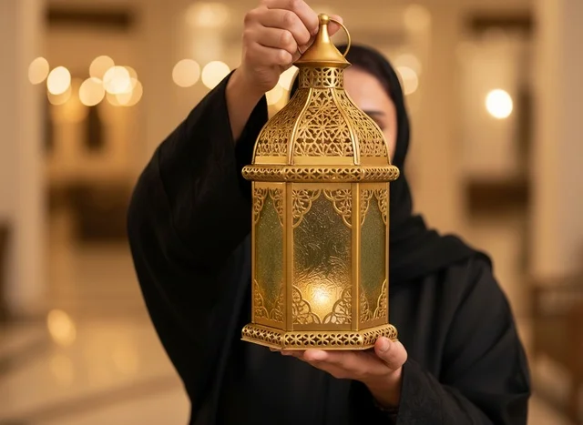 امرأة إماراتية تحمل فانوس رمضان الذهبي امرأة إماراتية تحمل فانوس رمضان الذهبي