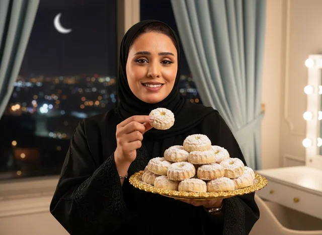 امرأة سعودية بالعباءة تحمل حلويات رمضان التقليدية