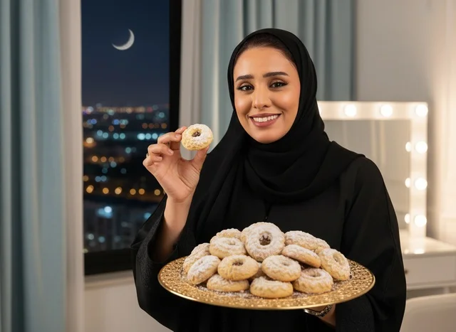 Saudi Woman Holding Eid Cookies with Crescent Moon