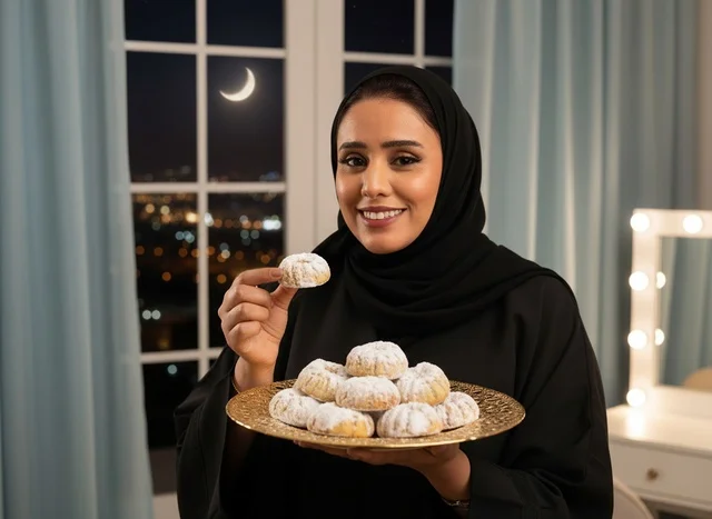 Saudi Woman Holding Traditional Eid Cookies at Night