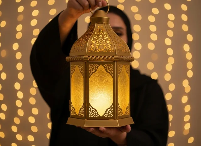 Saudi Woman Holding Golden Ramadan Lantern