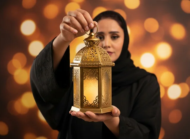 امرأة عربية بالعباية تمسك فانوس رمضان ذهبي