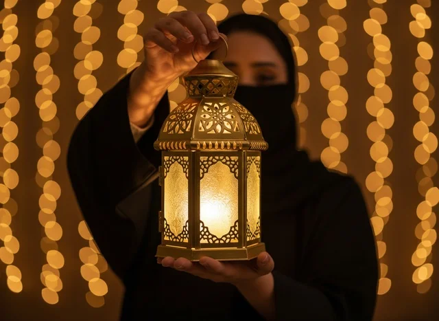 A Saudi woman holding a traditional golden Ramadan lantern.