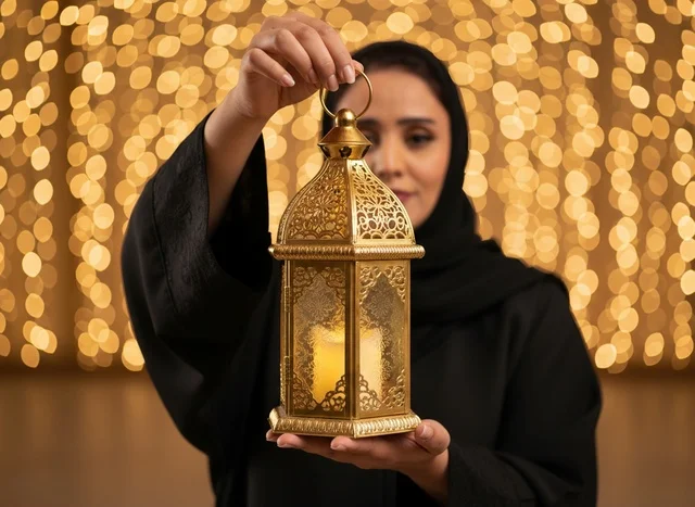 امرأة سعودية تمسك فانوس رمضان ذهبي تقليدي