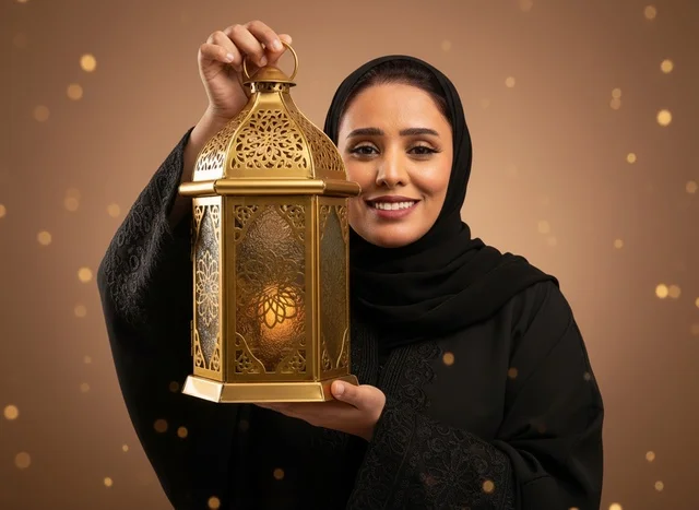 امرأة سعودية تحمل فانوس رمضان التقليدي الذهبي