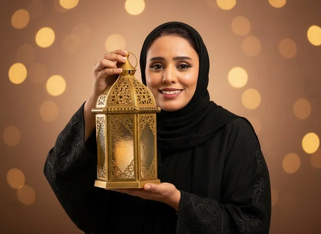 Saudi Woman in Black Abaya Holding Ramadan Lantern