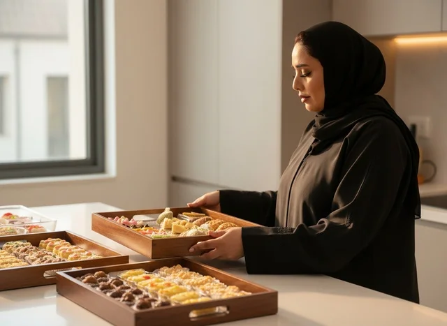 Khaleeji Woman Arranging Middle Eastern Sweets in Kitchen
