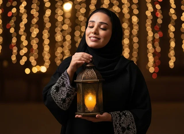 Emirati Woman Holding Ramadan Lantern at Night Emirati Woman Holding Ramadan Lantern at Night