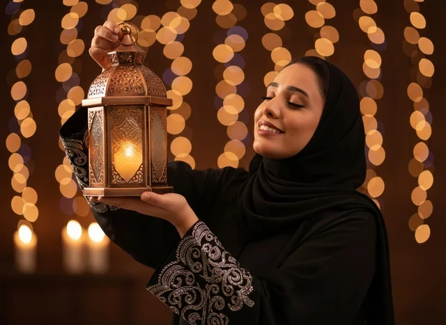 امرأة سعودية تحمل فانوس رمضان التقليدي
