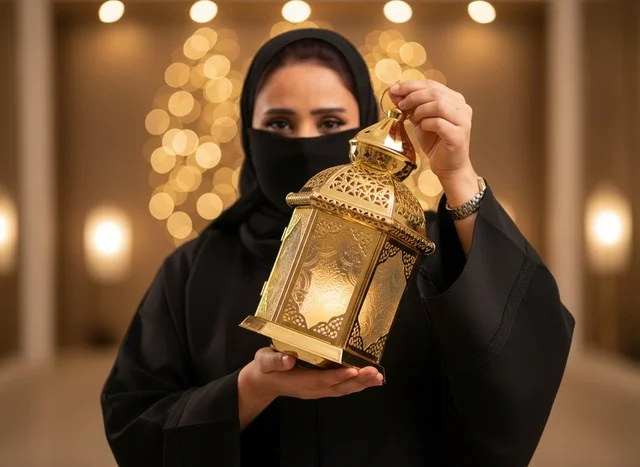 Saudi Woman in Niqab Holding Ramadan Lantern