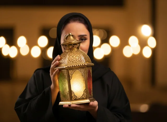 Emirati Woman Holding Traditional Golden Ramadan Lantern