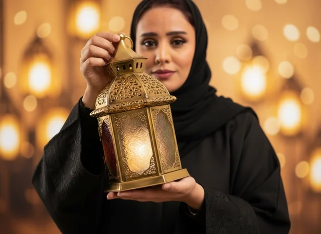 امرأة سعودية تحمل فانوس رمضان الذهبي