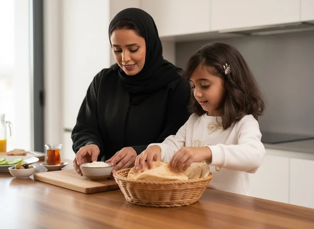 Saudi Mother and Daughter Preparing Breakfast in Kitchen
