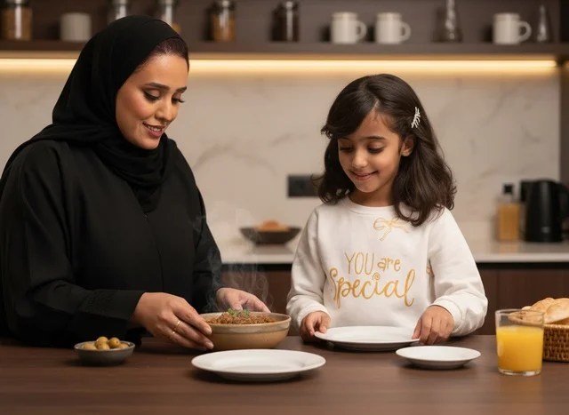 Saudi Mother and Daughter Having Meal in Modern Kitchen