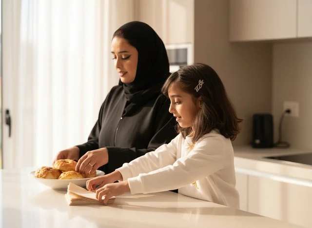 Emirati Mother and Daughter in Modern Kitchen