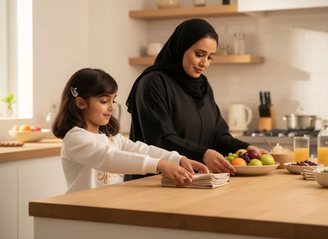 Emirati Mother and Daughter in Modern Kitchen