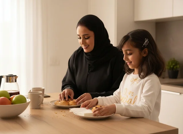 أم إماراتية وابنتها تتناولان وجبة الإفطار في المطبخ