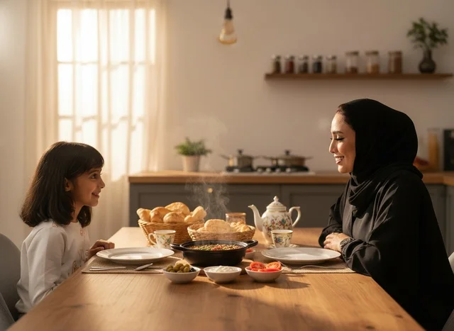 أم وابنة عربية على طاولة طعام تقليدية أم وابنة عربية على طاولة طعام تقليدية