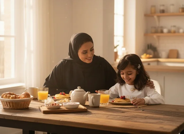 أم إماراتية وابنتها تتناولان وجبة الإفطار في المنزل