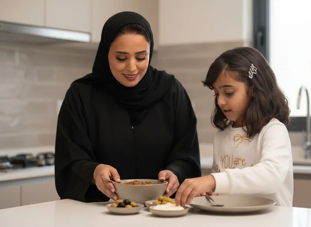 Emirati Mother and Daughter Having Breakfast in Kitchen