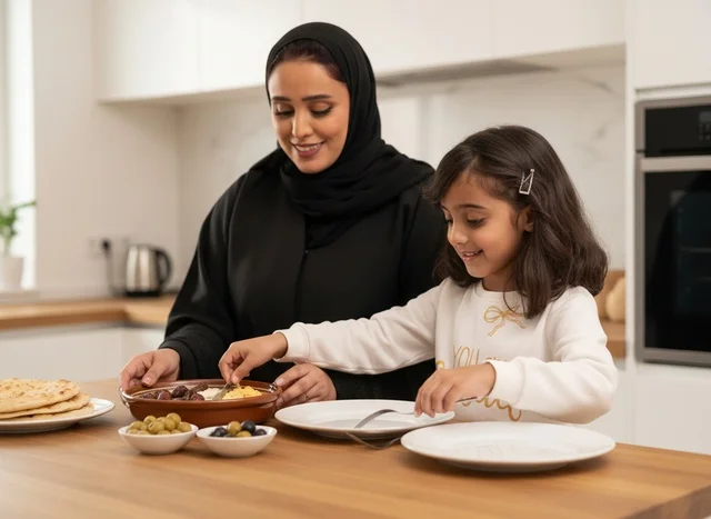 Saudi Mother and Daughter Having Breakfast in Kitchen