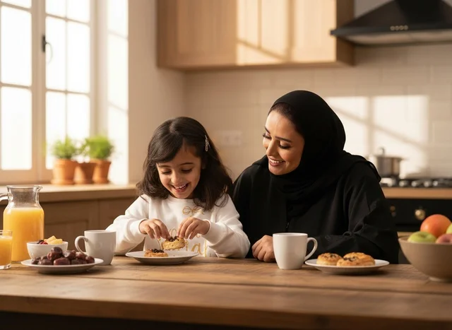 Saudi Mother and Daughter Having Breakfast in Kitchen