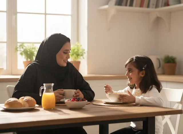 أم وابنة إماراتية يطبخان في مطبخ حديث
