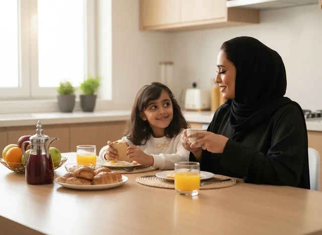 Emirati Mother and Daughter Having Breakfast in Kitchen