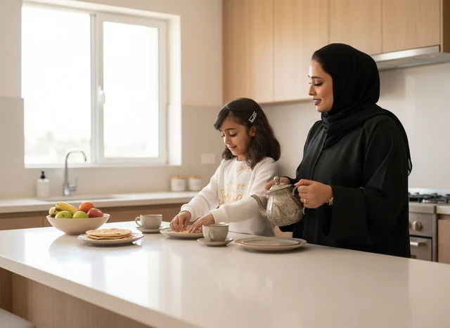 أم وابنة إماراتية تتناولان الشاي في مطبخ عصري