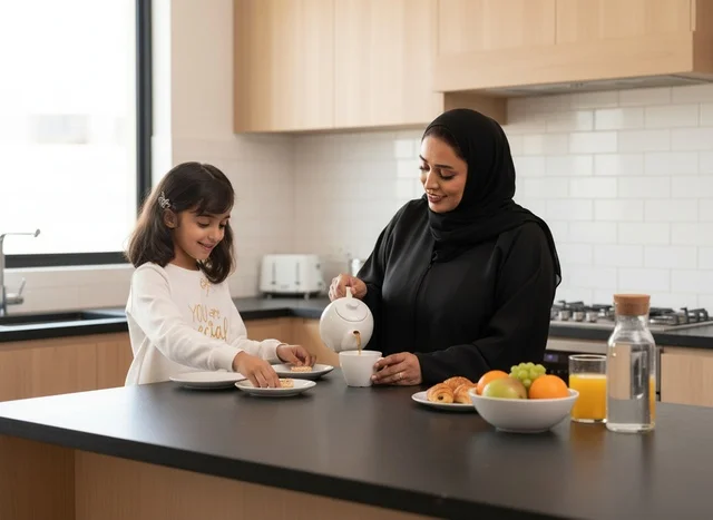 أم إماراتية وابنتها تتناولان وجبة الإفطار في المطبخ