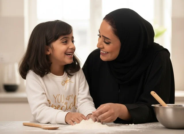 أم وابنة إماراتية يخبزان في المطبخ