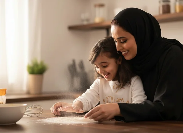 Saudi Mother and Daughter Baking in Home Kitchen