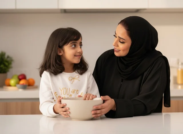 أم إماراتية مع ابنتها في مطبخ عصري