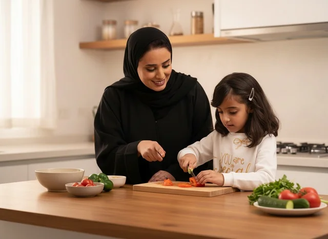 Saudi Mother and Daughter Preparing Vegetables in Kitchen