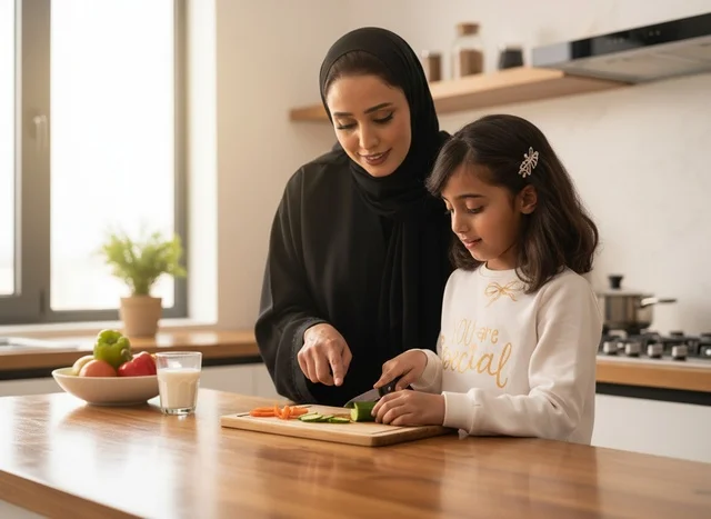 Emirati Mother and Daughter Cooking in Modern Kitchen