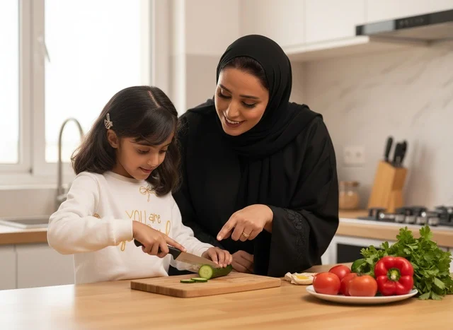 Saudi Mother and Daughter Cooking in Modern Kitchen