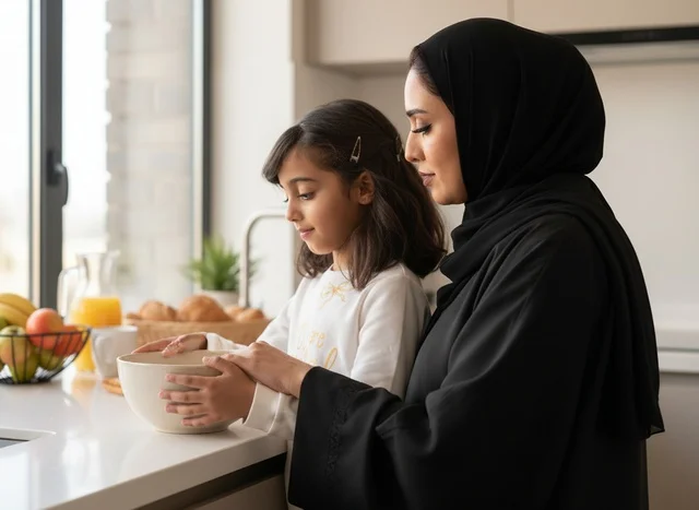 أم إماراتية وابنتها تطبخان في مطبخ حديث