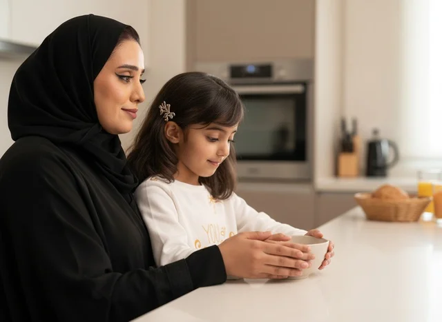 أم وابنة إماراتية يطبخان في مطبخ حديث
