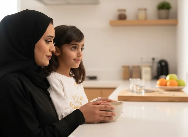 أم وابنة إماراتية يطبخان في مطبخ حديث